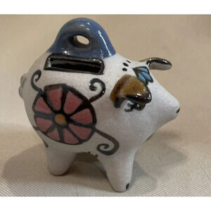 Miniature Handmade Ceramic Pottery Mexican Folk Art Piggy Bank Figure Colorful‎
